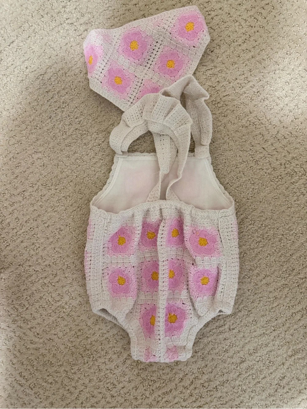 Handmade Pink Crochet Baby One-Piece Bodysuit with Hat